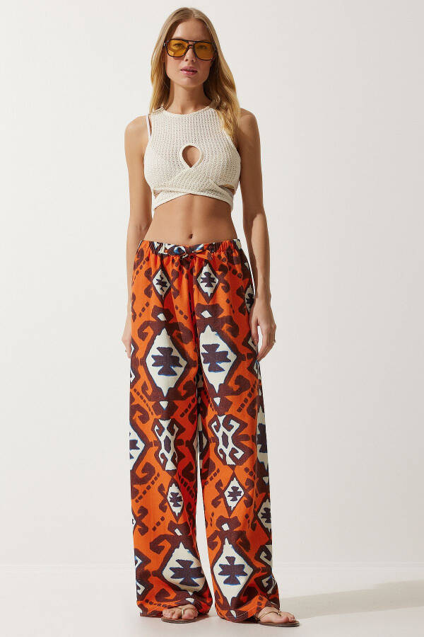 Women's Orange Patterned Raw Linen Palazzo Pants BH00397 - 1