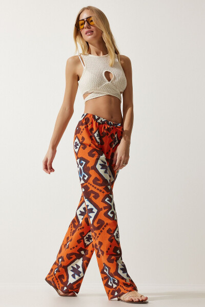 Women's Orange Patterned Raw Linen Palazzo Pants BH00397 - 4