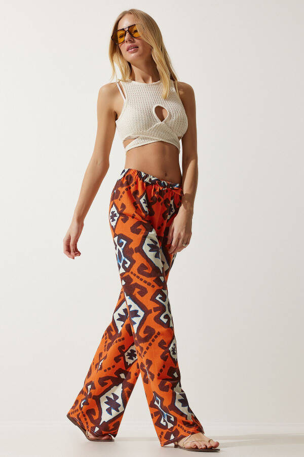 Women's Orange Patterned Raw Linen Palazzo Pants BH00397 - 4
