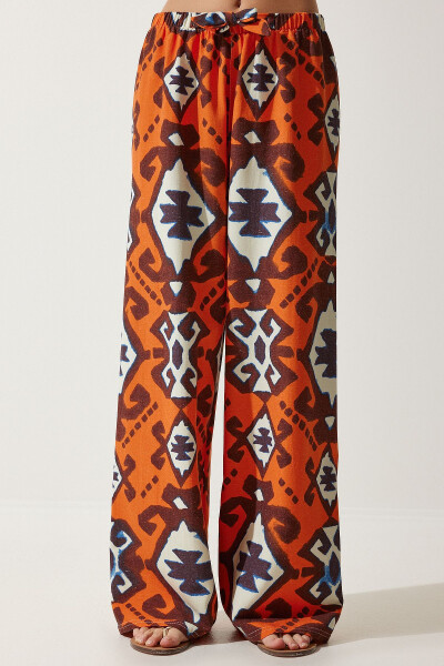 Women's Orange Patterned Raw Linen Palazzo Pants BH00397 - 6