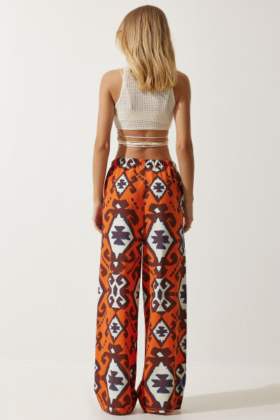 Women's Orange Patterned Raw Linen Palazzo Pants BH00397 - 8