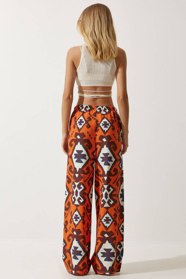 Women's Orange Patterned Raw Linen Palazzo Pants BH00397 - 8