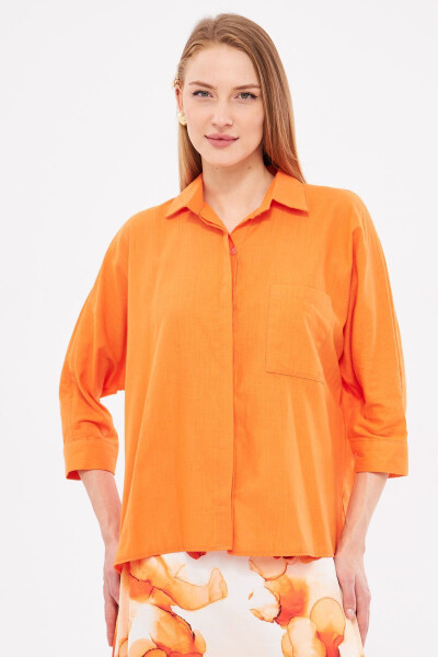 Women's Orange Pocket Loose Linen Shirt ARM-21Y001035 - 2