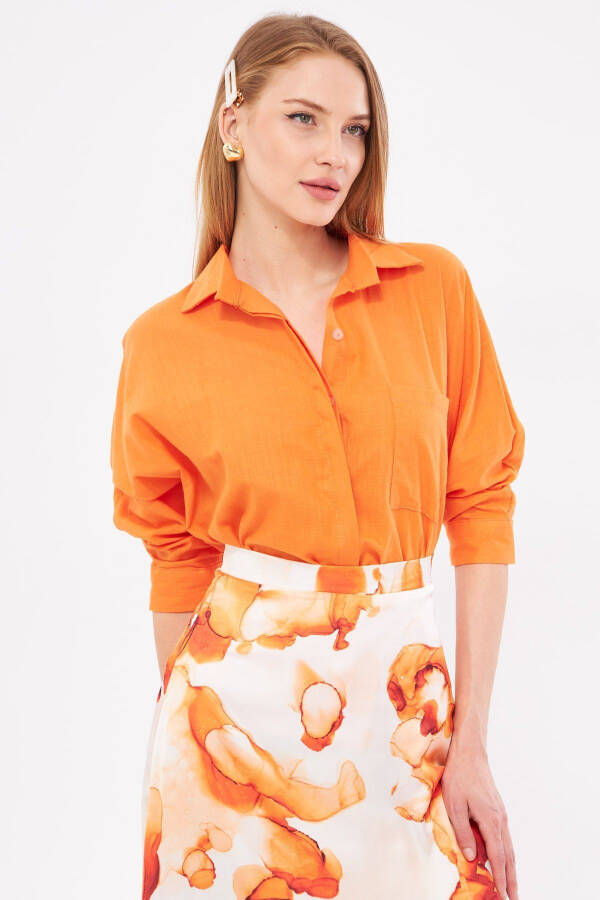 Women's Orange Pocket Loose Linen Shirt ARM-21Y001035 - 4