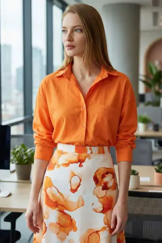 Women's Orange Pocket Loose Linen Shirt ARM-21Y001035 