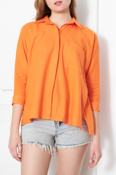 Women's Orange Pocket Loose Linen Shirt ARM-21Y001035 - 9