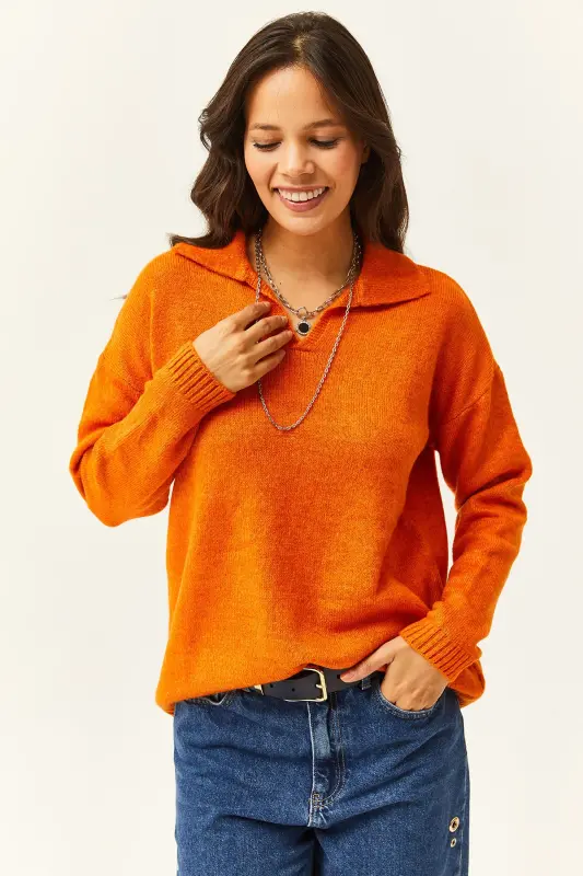 Women's Orange Polo Neck Washed Soft Touch Knitted Sweater KZK-19000432-Orange - 2