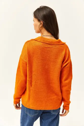 Women's Orange Polo Neck Washed Soft Touch Knitted Sweater KZK-19000432-Orange - 5