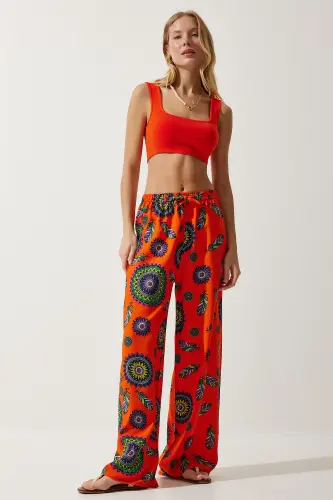 Women's Orange Purple Patterned Flowy Viscose Palazzo Pants EN00606-Orange Purple - HAPPINESS İSTANBUL (1)