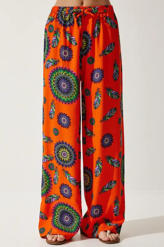 Women's Orange Purple Patterned Flowy Viscose Palazzo Pants EN00606-Orange Purple - 3