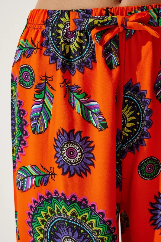 Women's Orange Purple Patterned Flowy Viscose Palazzo Pants EN00606-Orange Purple - 4