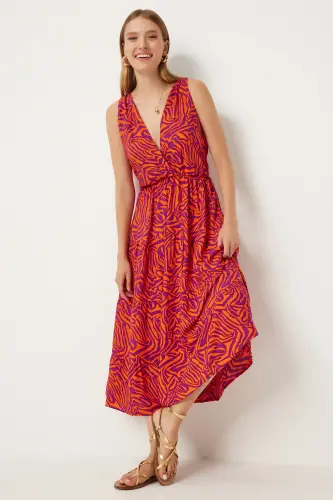 Women's Orange Purple Patterned V-Neck Summer Viscose Dress CI00110-Orange Purple 