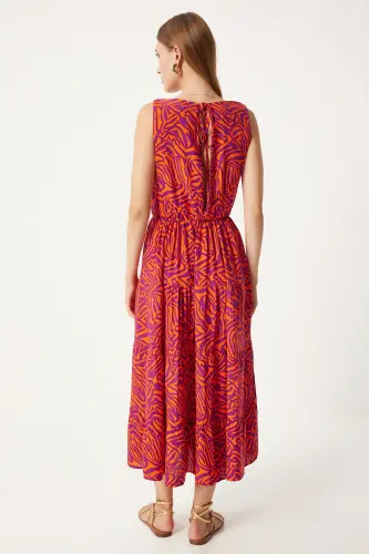 Women's Orange Purple Patterned V-Neck Summer Viscose Dress CI00110-Orange Purple - 4