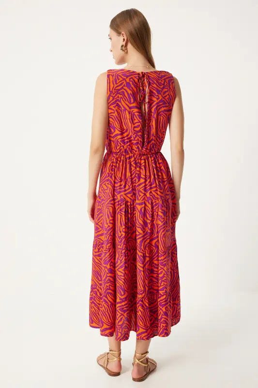 Women's Orange Purple Patterned V-Neck Summer Viscose Dress CI00110-Orange Purple - 4