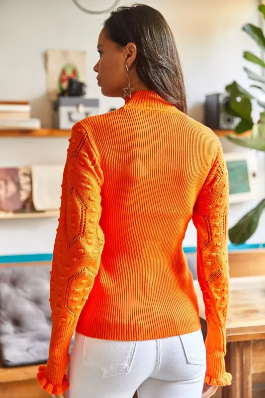 Women's Orange Ribbed Knitted Sweater with Stand-up Collar and Sleeve Detail KZK-19000383-Orange - 2