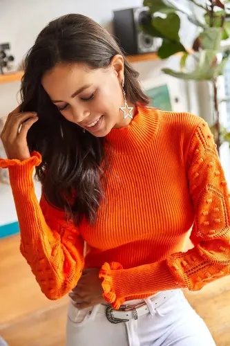 Women's Orange Ribbed Knitted Sweater with Stand-up Collar and Sleeve Detail KZK-19000383-Orange - 5