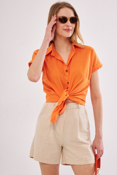 Women's Orange Short Sleeve Linen Shirt ARM-24Y001038 - 4