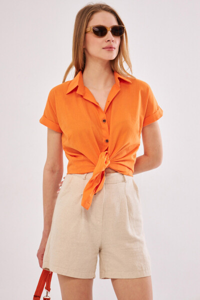 Women's Orange Short Sleeve Linen Shirt ARM-24Y001038 - 6
