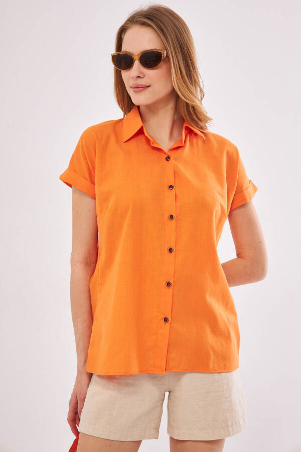 Women's Orange Short Sleeve Linen Shirt ARM-24Y001038 - 7
