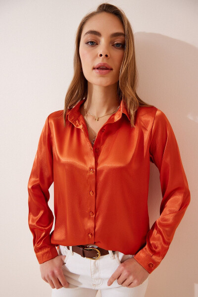 Women's Orange Slightly Loose Satin Surface Shirt DD0 - 1