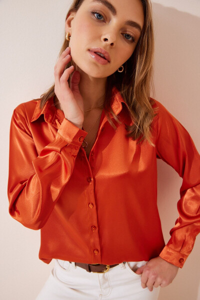 Women's Orange Slightly Loose Satin Surface Shirt DD0 - 2