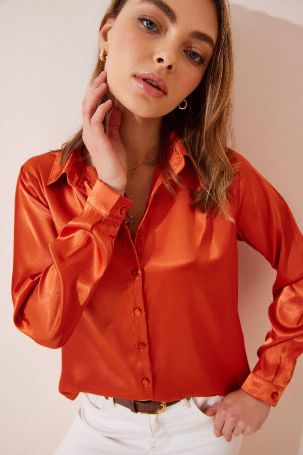 Women's Orange Slightly Loose Satin Surface Shirt DD0 - 2