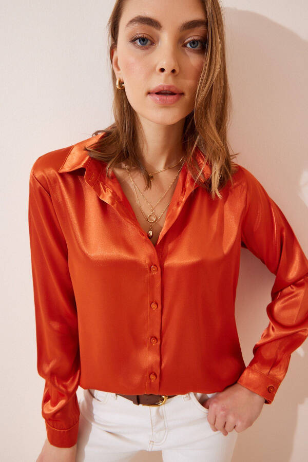 Women's Orange Slightly Loose Satin Surface Shirt DD0 - 3