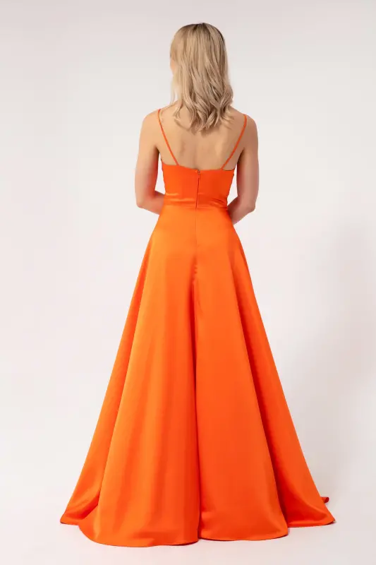 Women's Orange Spaghetti Strap Belted Waist Satin Long Evening & Prom Dress-Orange - 5