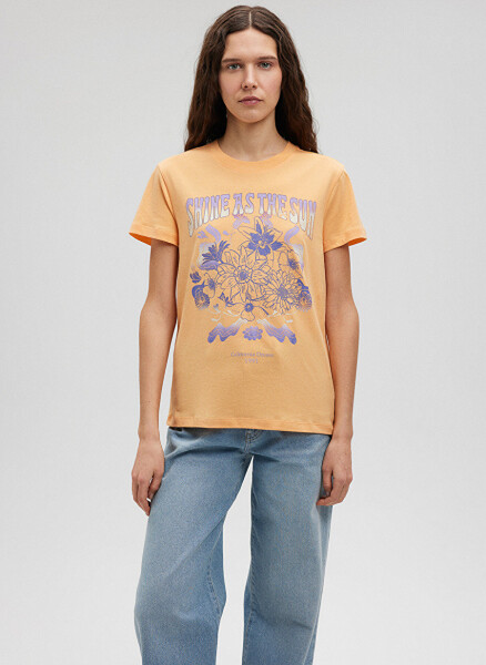 Women's orange T-shirt with floral print, blue polo collar (M1612393-84617) - 2