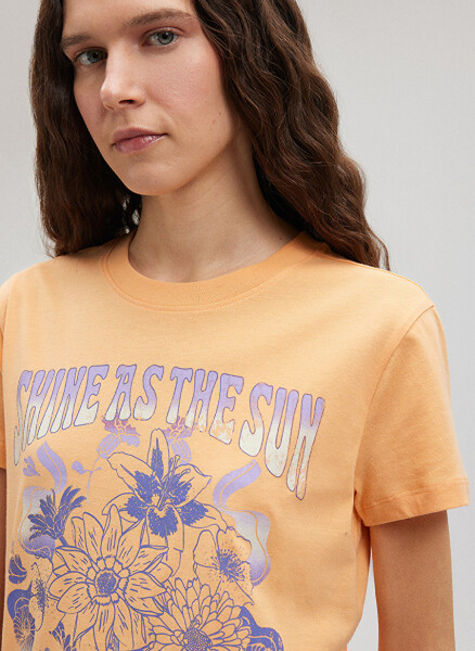 Women's orange T-shirt with floral print, blue polo collar (M1612393-84617) - 4