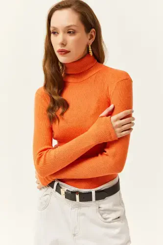 Women's Orange Turtleneck Finger Detailed Lycra Blouse BLZ-19001644-Orange - 1