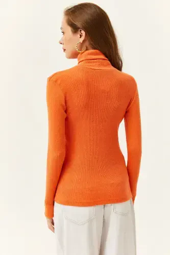 Women's Orange Turtleneck Finger Detailed Lycra Blouse BLZ-19001644-Orange - OLALOOK (1)