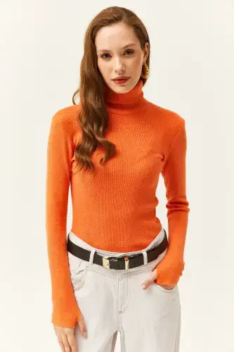 Women's Orange Turtleneck Finger Detailed Lycra Blouse BLZ-19001644-Orange - 3