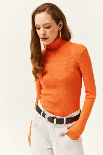 Women's Orange Turtleneck Finger Detailed Lycra Blouse BLZ-19001644-Orange - 4