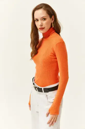 Women's Orange Turtleneck Finger Detailed Lycra Blouse BLZ-19001644-Orange - 5
