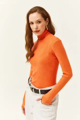 Women's Orange Turtleneck Finger Detailed Lycra Blouse BLZ-19001644-Orange - 6