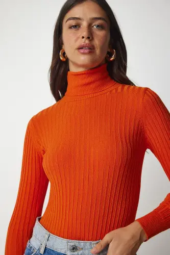 Women's Orange Turtleneck Ribbed Basic Sweater BV00095-Orange 