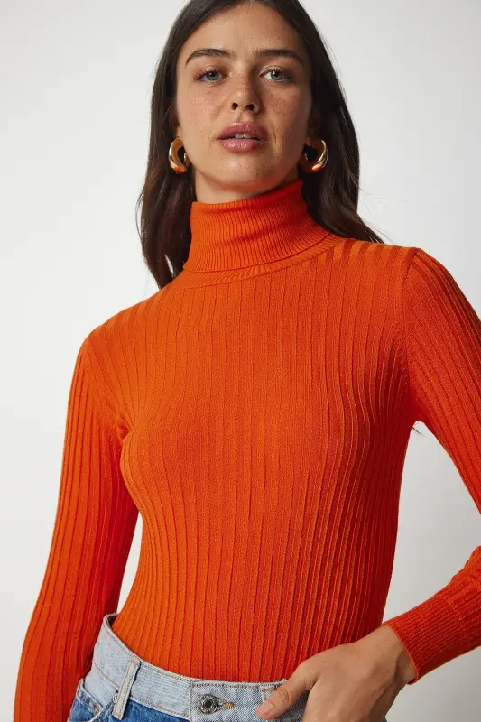 Women's Orange Turtleneck Ribbed Basic Sweater BV00095-Orange - 1