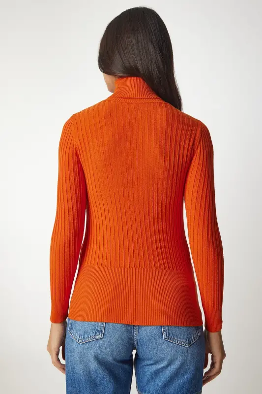 Women's Orange Turtleneck Ribbed Basic Sweater BV00095-Orange - 5