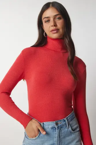 Women's Orange Turtleneck Ribbed Knit Sweater bv00087-Orange - 9