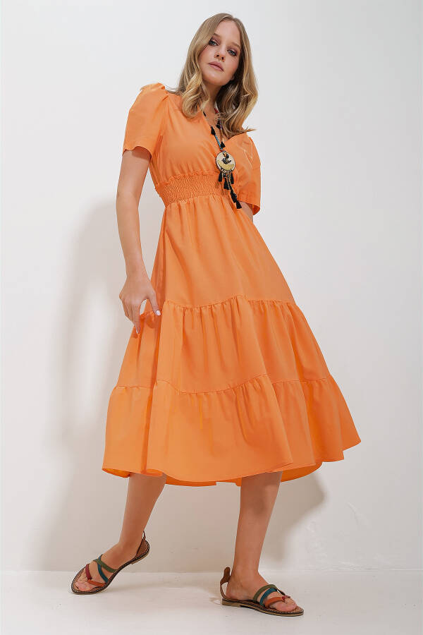 Women's Orange V-Neck Belted Pleated Poplin Woven Dress ALC-X11610 - 1