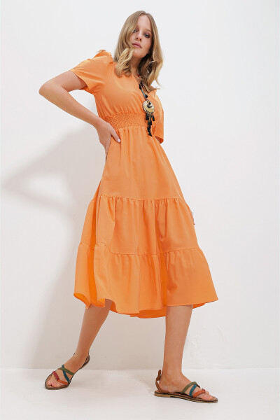 Women's Orange V-Neck Belted Pleated Poplin Woven Dress ALC-X11610 - TREND ALAÇATI STILI (1)
