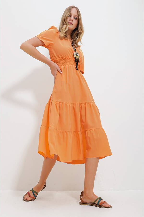 Women's Orange V-Neck Belted Pleated Poplin Woven Dress ALC-X11610 - 2
