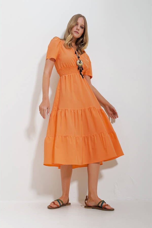 Women's Orange V-Neck Belted Pleated Poplin Woven Dress ALC-X11610 - 4
