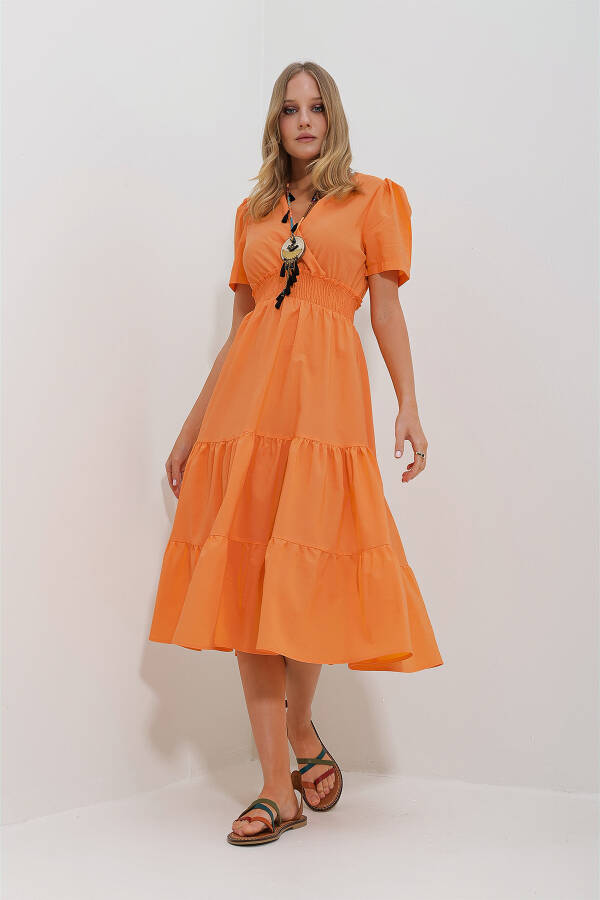 Women's Orange V-Neck Belted Pleated Poplin Woven Dress ALC-X11610 - 5