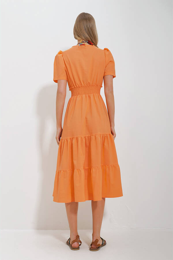 Women's Orange V-Neck Belted Pleated Poplin Woven Dress ALC-X11610 - 6