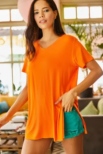 Women's Orange V-Neck Side Slit Oversize Baggy 