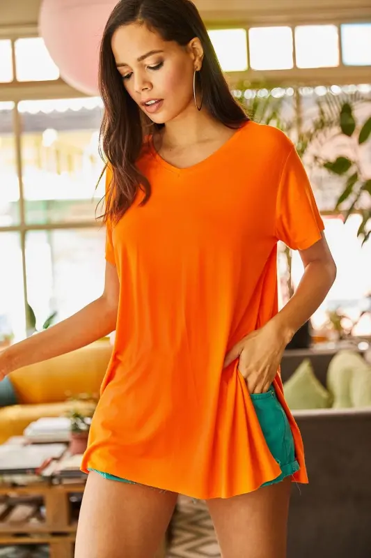 Women's Orange V-Neck Side Slit Oversize Baggy - 4