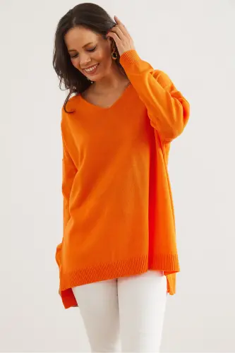 Women's Orange V-Neck Slit Side Basic Knit Sweater KZK-19000868-Orange - OLALOOK (1)