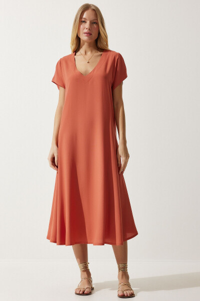 Women's Orange V-Neck Summer Loose Viscose Dress EN00612 - HAPPINESS İSTANBUL